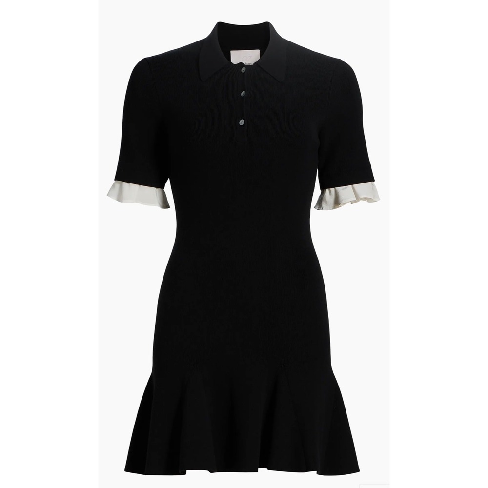 Cinq a Sept Keaton Dress Black Ivory Ruffle Polo Knit Mini ZK1085104832 New L